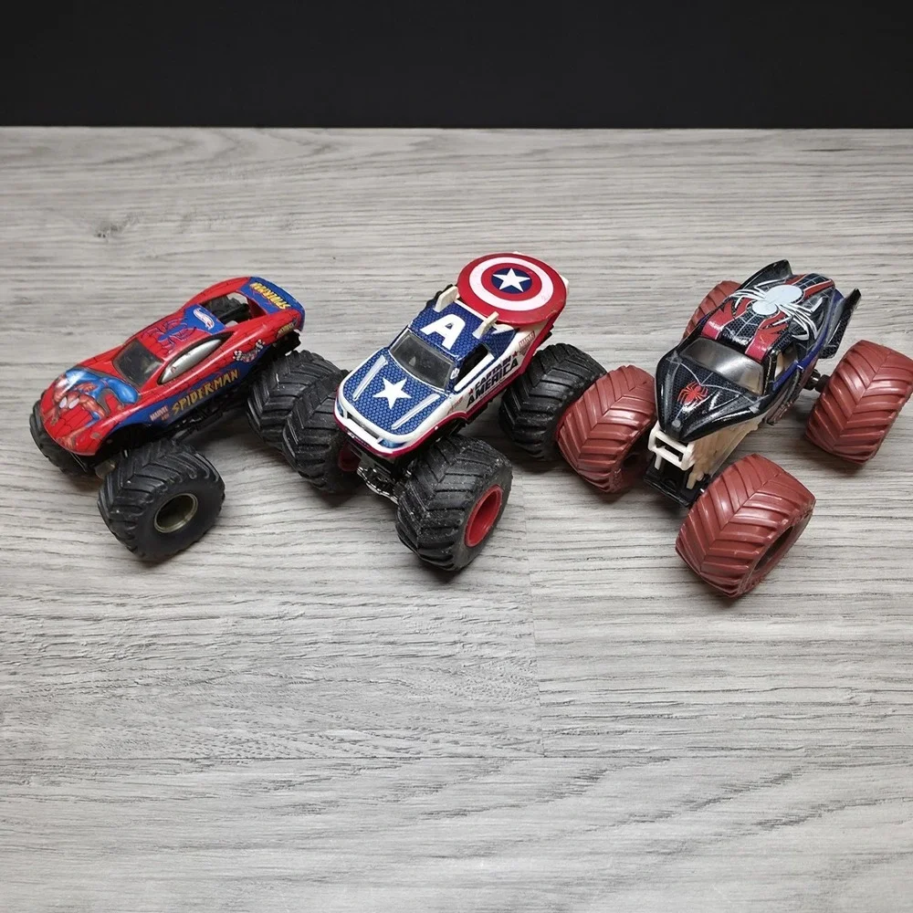 Hotwheels Monster Trucks Lot - Spider-Man, Captin America, Rare Dark Spider-Man